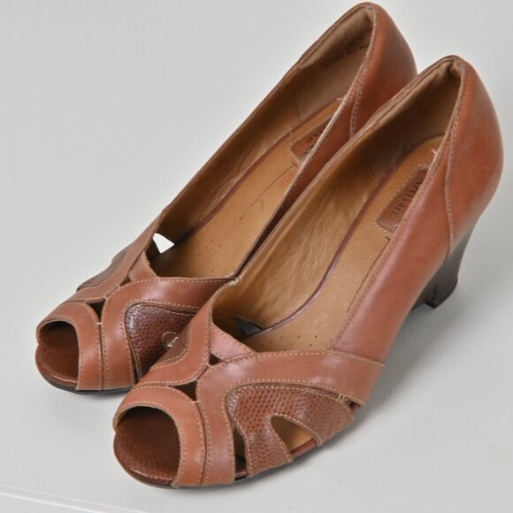 Clarks Artisan Leather Active Air Wooden Platform Wedge High Heels US8 UK5.5 - Picture 1 of 16